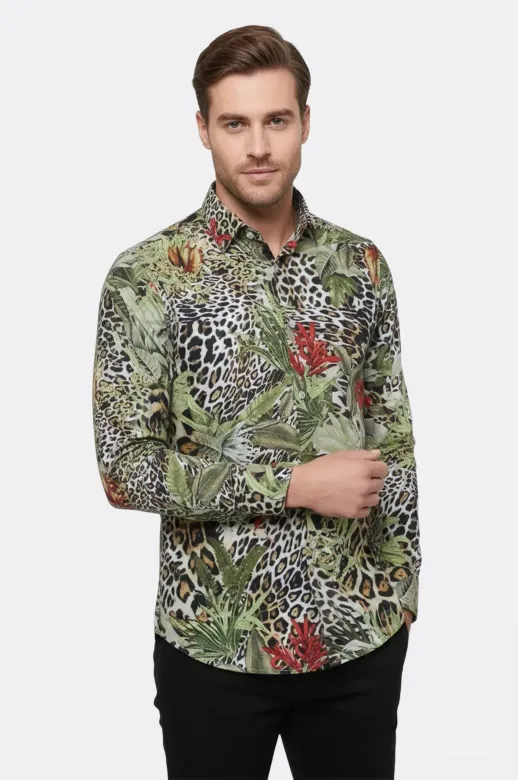 Kaplan Desenli Slim Fit Uzun Kollu Renkli Erkek Gömlek - Wessi - S / Siyah