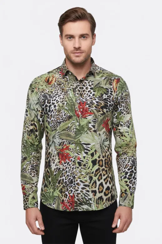 Kaplan Desenli Slim Fit Uzun Kollu Renkli Erkek Gömlek - Wessi - S / Siyah