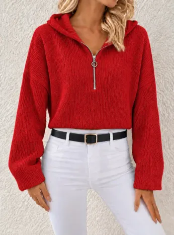 Kapüşonlu Fermuarlı Dokulu Sweatshirt - S - Kırmızı