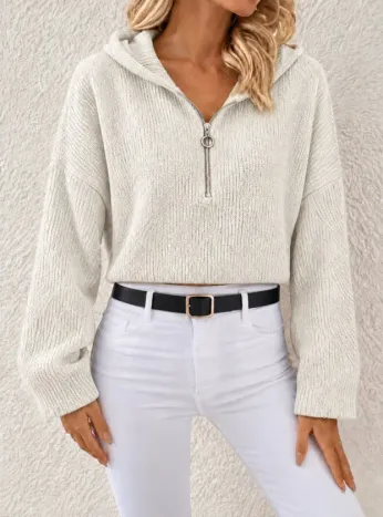 Kapüşonlu Fermuarlı Dokulu Sweatshirt - XL - Beyaz