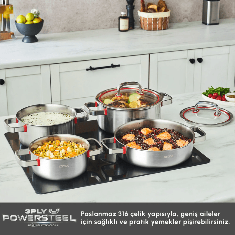 Karaca 000001000238434001 Powersteel 316+ 3Ply Artemis İndüksiyon Tabanlı 8 Parça Çelik Tencere Seti