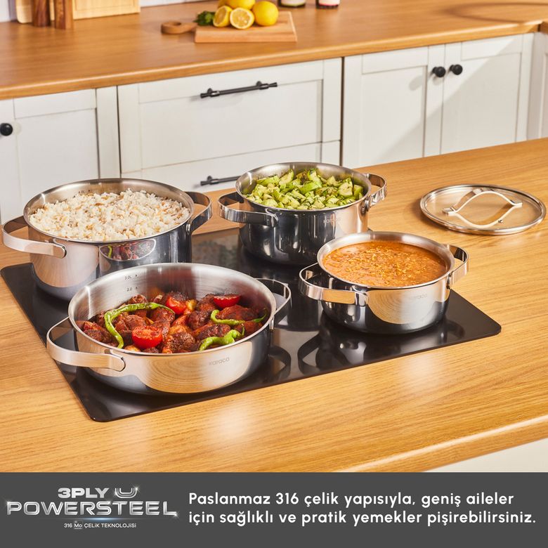 Karaca 000001000238437001 Power Steel 316+ 3Ply Discovery İndüksiyon Tabanlı 8 Parça Çelik Tencere Seti