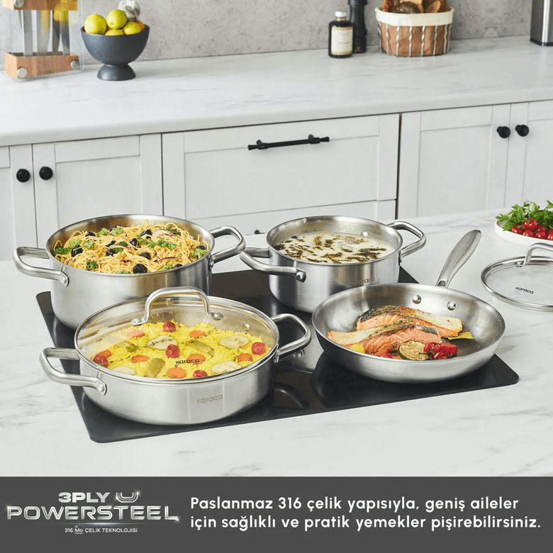 Karaca 000001000242127001 Power Steel 316+ 3Ply Akita İndüksiyon Tabanlı 7 Parça Çelik Tencere Ve Tava Seti