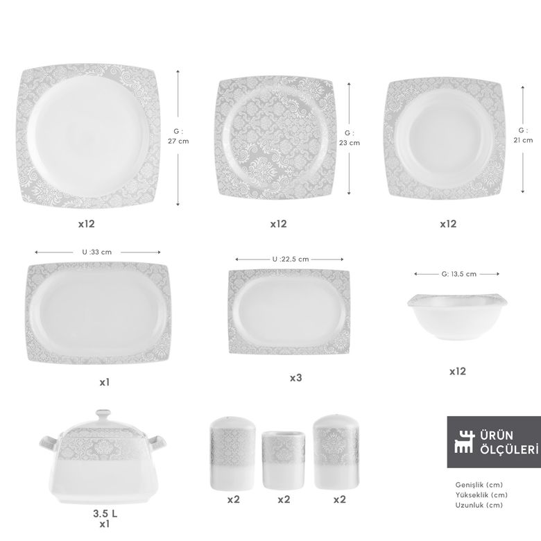 Karaca fsdgdhghf Square Bone Bridal 60 Parça 12 Kişilik Yemek Takımı