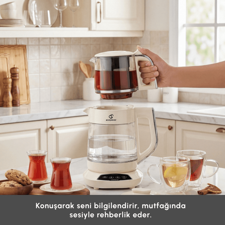 Karaca ııgtrrhtj Çaysever 3 In 1 Konuşan Çelik Süzgeçli Su Isıtıcı Ve Mama Suyu Hazırlama Cam Çay Makinesi Starlight