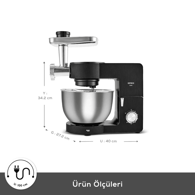 Karaca KNKFJKN Multichef Ultra Kıyma Çekme/sucuk-Sosis/içli Köfte Aparatlı Hamur Yoğurma Makinesi Black 2000W 8L