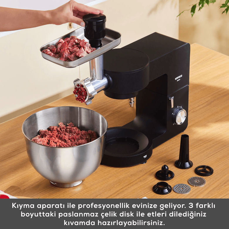 Karaca KNKFJKN Multichef Ultra Kıyma Çekme/sucuk-Sosis/içli Köfte Aparatlı Hamur Yoğurma Makinesi Black 2000W 8L
