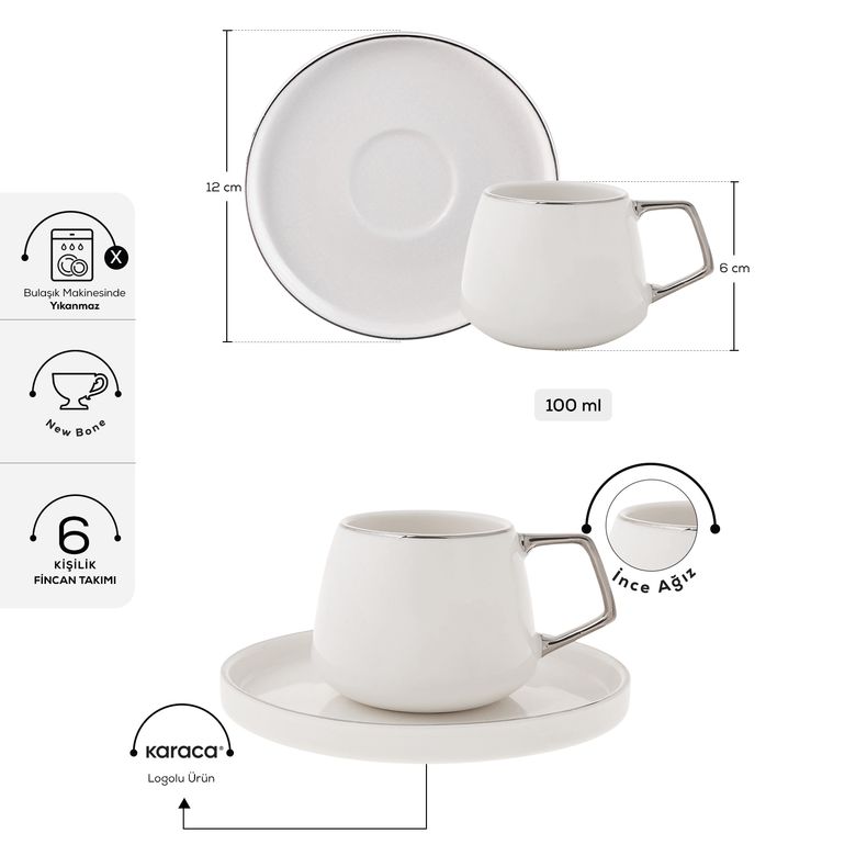 Karaca rjyfgfngjyj Streamline Saturn 6 Kişilik Kahve Fincan Takımı 100 Ml Platin