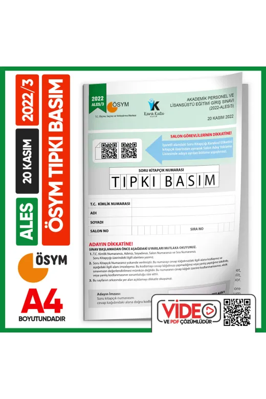 Karakutu Yayınları ALES2022/3TIPKI Ales 2022/3 Kasım Ösym Tıpkı Basım Çıkmış Soru Deneme Kitapçığı Video/pdf Çözümlü Türkiye Geneli