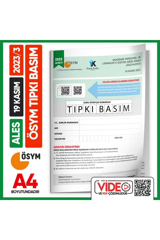 Karakutu Yayınları ALES2023/3TIPKI Ales 2023/3 Kasım Ösym Tıpkı Basım Çıkmış Soru Deneme Kitapçığı Dijital Çözümlü Türkiye Geneli