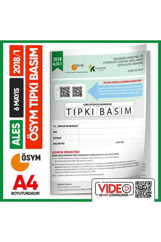 Karakutu Yayınları ALESTıpkı2018/1 Ales 2018/1 (Mayis) Ösym Tıpkı Basım Çıkmış Soru Deneme Kitapçığı Video/pdf Çözümlü Türkiye Geneli