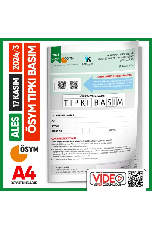 Karakutu Yayınları ALESTıpkı2024/3 Ales 2024/3 (Kasim) Ösym Tıpkı Basım Çıkmış Soru Deneme Kitapçığı Video/pdf Çözümlü Türkiye Geneli