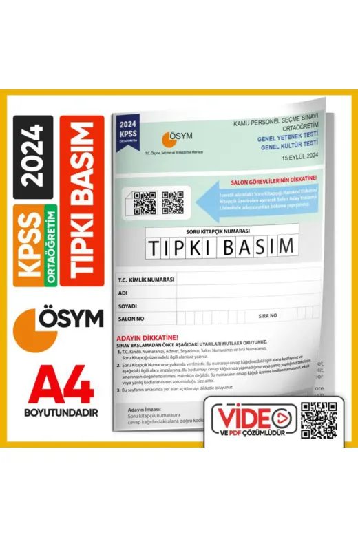 Karakutu Yayınları KPSSortaliseTIPKI2024 2024 Kpss Ortaöğretim/lise Ösym Tıpkı Basım Çıkmış Soru Kitapçığı (Video Çözümlü Türkiye Geneli)