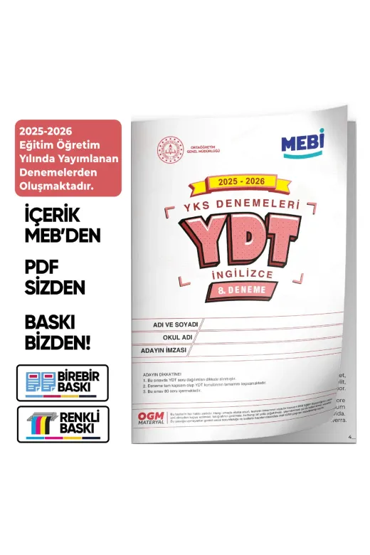 Karakutu Yayınları MEBİONLİNEYDT9dnm 2026 Ösym Yks-Ydt Mebi Ogm Türkiye Geneli 9. Deneme Büyük Boy Renkli Baski Ücreti