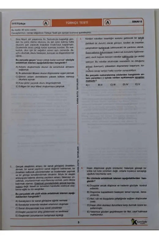Karakutu Yayınları TYTkarmaÖSYMdnm6 2026 Tyt Ösym Arşivi Karma Kara Kutu Çıkmış Soru Türkiye Geneli D. Çözümlü Deneme 10/6.kitapçık