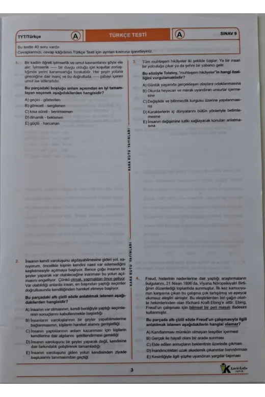 Karakutu Yayınları TYTkarmaÖSYMdnm9 2026 Tyt Ösym Arşivi Karma Kara Kutu Çıkmış Soru Türkiye Geneli D. Çözümlü Deneme 10/9.kitapçık