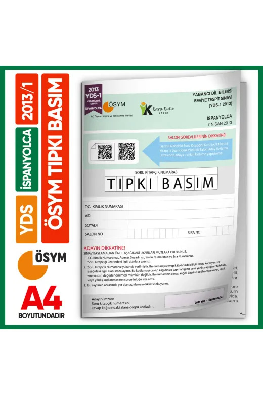 Karakutu Yayınları YDSTıpkıİspanyolca2013/1 Yds İspanyolca 2013/1 Yabancı Dil Sınavı Ösym Tıpkı Basım Çıkmış Soru Deneme Kitapçığı (E-Yds Uygun)