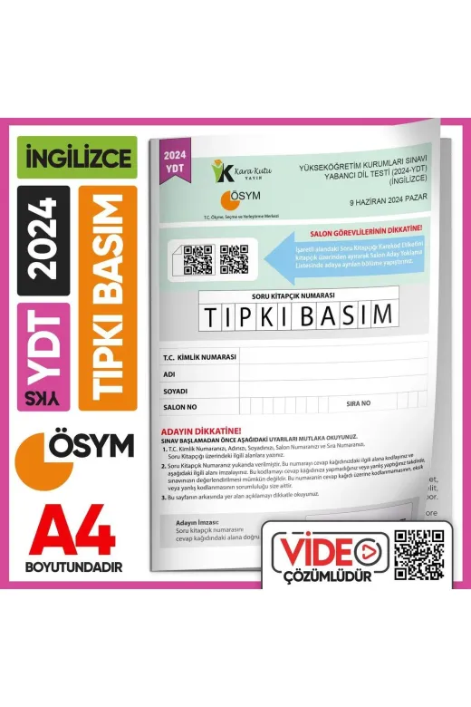 Karakutu Yayınları YDTTIPKI2024 2024 Yks Ydt İngilizce Ösym Tıpkı Basım Çıkmış Soru Deneme Kitapçığı (Video Çözümlü Türkiye Geneli)