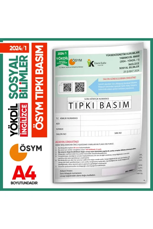 Karakutu Yayınları YOKDILingSOSYAL2024/1 2024/1 Yökdil İngilizce Sosyal Bilimler Ösym Çıkmış Soru Tıpkı Basım Deneme Kitapçığı Türkiye Geneli