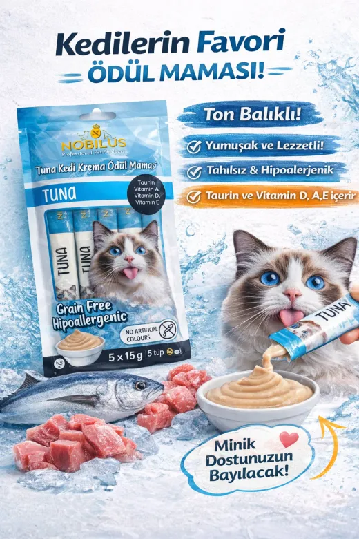 karamelpet 13460-4 Nobilus Ton Balıklı Etli Kedi Krema Ödül Maması 5 X 15 Gr