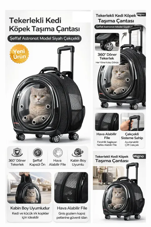 karamelpet KP-FLLVLZ-MVXL X Large Fileli Tekerlekli Kedi Köpek Taşıma Çantası 45 X 50 X 27 Cm Siyah 15 Kg