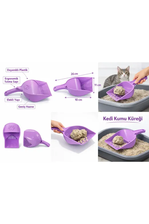 karamelpet KP-KPKLKRK Kapaklı Kedi Kumu Küreği Elekli – Ergonomik Saplı Dayanıklı Plastik Kum Temizleme Küreği 26 Cm