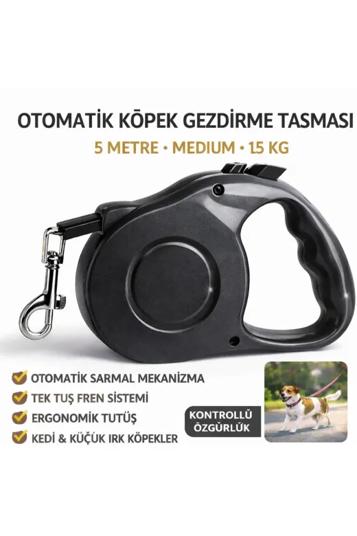karamelpet KP-M-5MT-SYH Karamel Pet Otomatik Köpek Gezdirme Tasması Medium 5 Metre 15 Kg Siyah