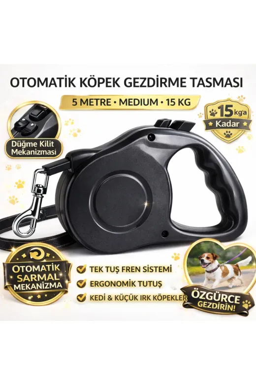 karamelpet KP-M-5MT-SYH Karamel Pet Otomatik Köpek Gezdirme Tasması Medium 5 Metre 15 Kg Siyah