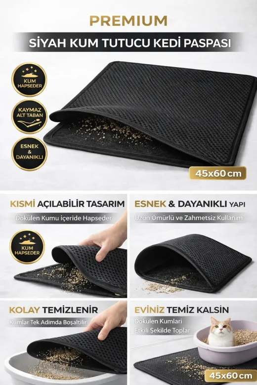 karamelpet KP-PSPS-SYH Kedi Elekli Tuvalet Önü Kum Tutucu Paspas 45 Cm - 60 Cm Siyah