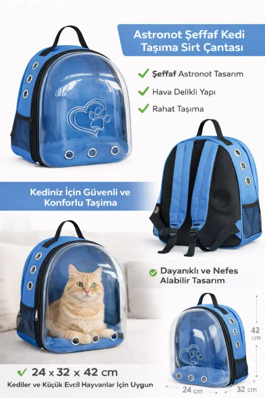 karamelpet SF-ASTRNTKLP-MV Kalpli Patili Astronot Şeffaf Taşıma Sırt Çantası Mavi 24X32X42 Cm
