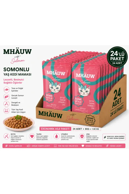 karamelpet ST00045-24 Mhauw Somon Balıklı Kıyılmış Pouch Yetişkin Kedi Konservesi 80 Gr 24'li Paket