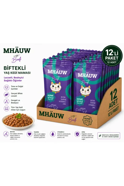 karamelpet ST00046-12 Mhauw Biftekli Kıyılmış Pouch Yetişkin Kedi Konservesi 80 Gr 12'li Paket