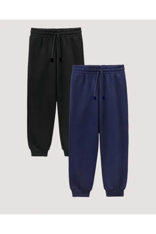KARB 2LILCVRTSYH Unisex Çift Cepli Organik Pamuklu Kumaş Jogger  Siyah-Lacivert Çocuk Eşofman Altı