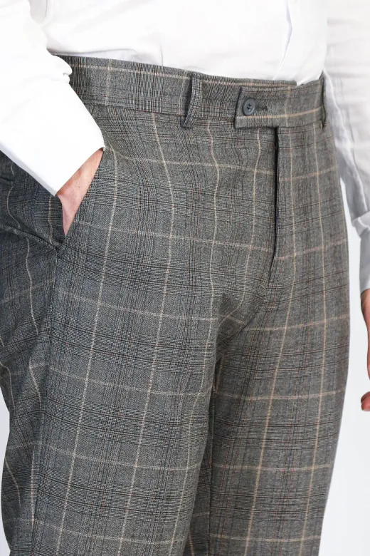 Kare Desenli Slim Fit Füme Erkek Pantolon - Wessi