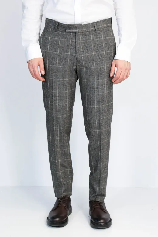 Kare Desenli Slim Fit Füme Erkek Pantolon - Wessi