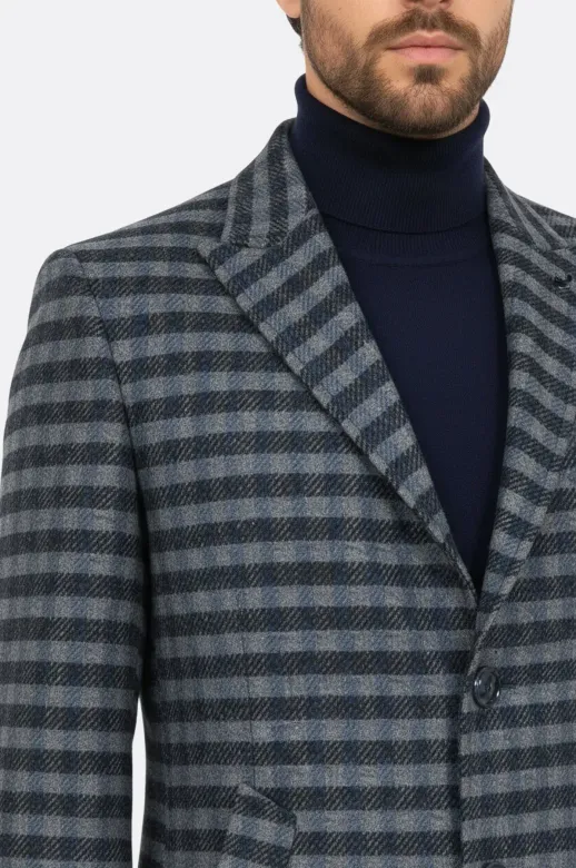 Kaşe Kareli Geniş Yaka Slim Fit Lacivert Erkek Palto - Wessi
