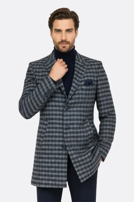 Kaşe Kareli Geniş Yaka Slim Fit Lacivert Erkek Palto - Wessi