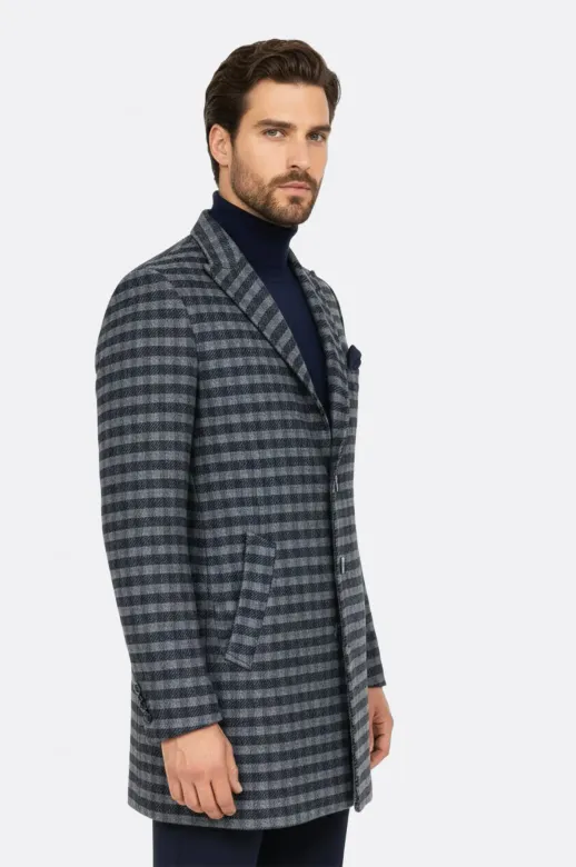 Kaşe Kareli Geniş Yaka Slim Fit Lacivert Erkek Palto - Wessi