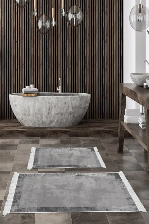 KAYABEY HOME B3-1921P1-10P2 Kaymaz Taban Djt 2 Li Banyo Paspas Takımı Star Pamuk Saçaklı Modern 1921 Gri