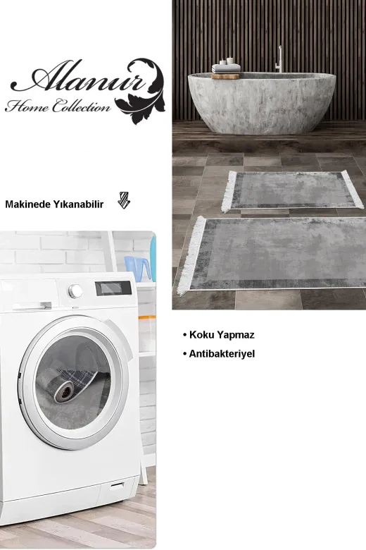 KAYABEY HOME B3-1921P1-10P2 Kaymaz Taban Djt 2 Li Banyo Paspas Takımı Star Pamuk Saçaklı Modern 1921 Gri