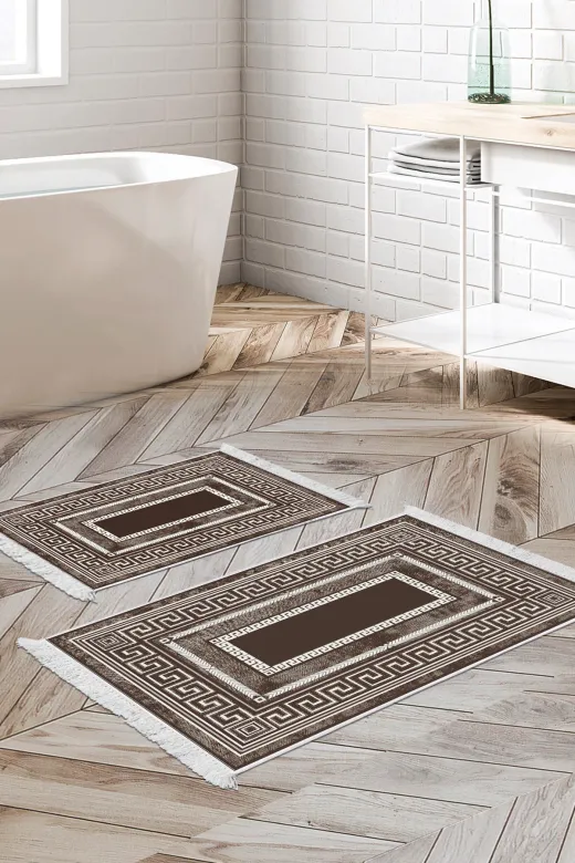 KAYABEY HOME B3-651MK1-10P2 Kaymaz Taban Djt 2 Li Banyo Paspas Takımı Trend Saçaklı Modern 651M Kahve