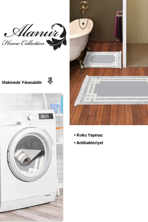 KAYABEY HOME B3-657MK1-10P2 Kaymaz Taban Djt 2 Li Banyo Paspas Takımı Trend Saçaklı Modern 657M Gri
