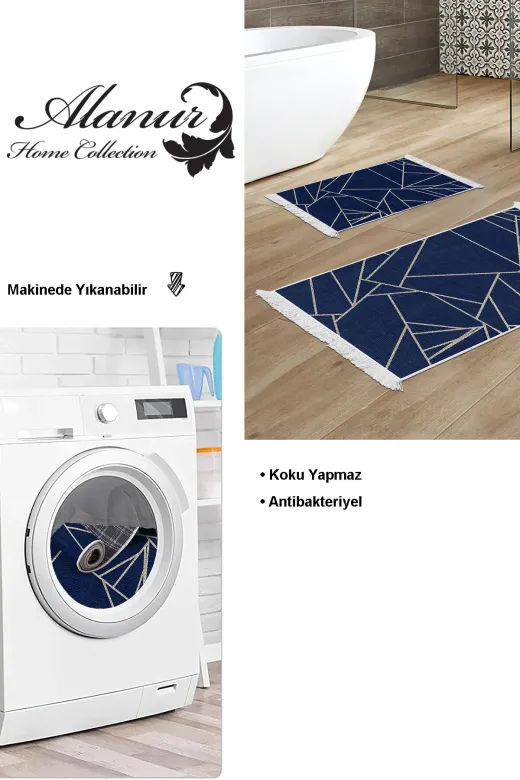 KAYABEY HOME B3-717P1-10P2 Kaymaz Taban Djt 2 Li Banyo Paspas Takımı Star Pamuk Saçaklı Modern 717 Lacivert