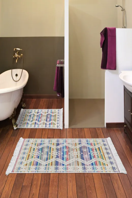 KAYABEY HOME B3-F5014P1-10P2 Kaymaz Taban Djt 2 Li Banyo Paspas Takımı Star Pamuk Saçaklı Iskandinav F5014 Renkli