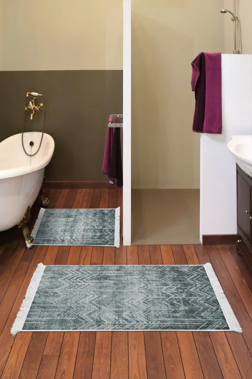 KAYABEY HOME B3-F5083K1-10P2 Kaymaz Taban Djt 2 Li Banyo Paspas Takımı Trend Saçaklı Iskandinav F5083 Yeşil