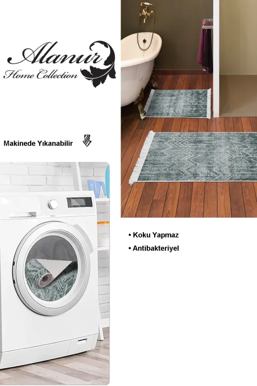 KAYABEY HOME B3-F5083K1-10P2 Kaymaz Taban Djt 2 Li Banyo Paspas Takımı Trend Saçaklı Iskandinav F5083 Yeşil