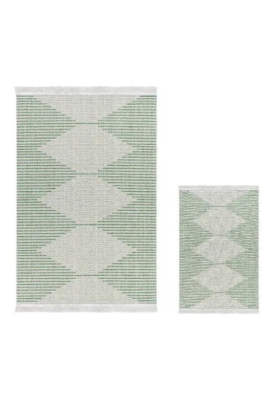 KAYABEY HOME B3-F5085K1-10P2 Kaymaz Taban Djt 2 Li Banyo Paspas Takımı Trend Saçaklı Iskandinav F5085 Yeşil