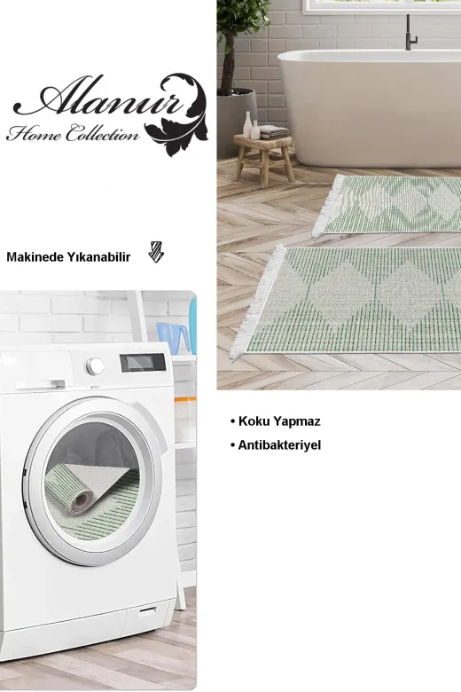 KAYABEY HOME B3-F5085K1-10P2 Kaymaz Taban Djt 2 Li Banyo Paspas Takımı Trend Saçaklı Iskandinav F5085 Yeşil