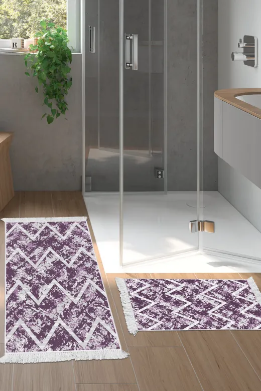 KAYABEY HOME B3-F5128K1-10P2 Kaymaz Taban Djt 2 Li Banyo Paspas Takımı Trend Saçaklı Iskandinav F5128 Mor