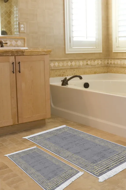 KAYABEY HOME B3-M5142K1-10P2 Kaymaz Taban Djt 2 Li Banyo Paspas Takımı Trend Saçaklı Modern M5142 Antrasit